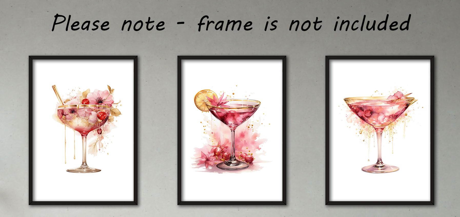 Pink Cocktails Set of 3 Unframed Wall Poster Prints, Beautiful Watercolour Design - Image 4