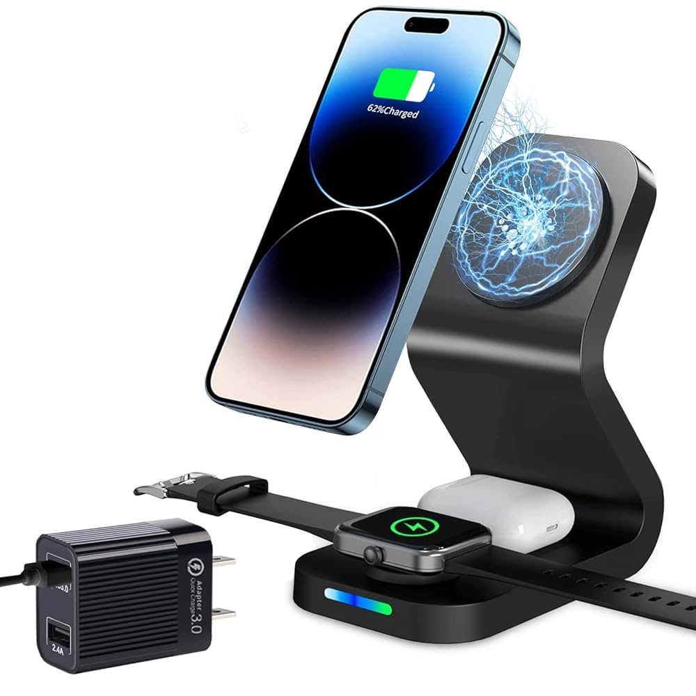 バッテリー/充電器 Apple - Wireless Charging Stand with MagSafe Amazon.com: 3 in 1 Charging Station for Apple Devices: Mag