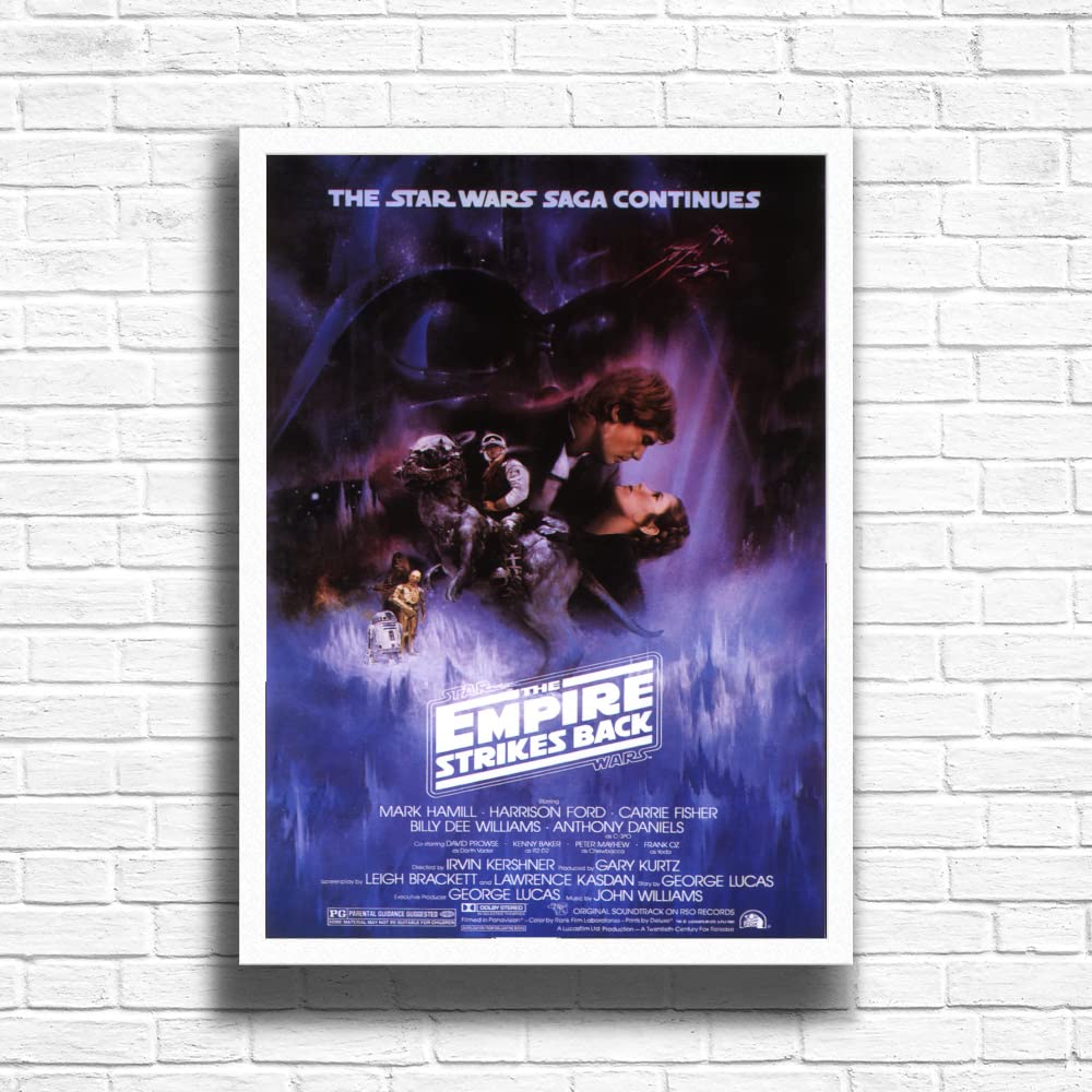 Star WarsV Empire Strikes Back, 80s Movie Print Vintage Nostalgic Film Poster, A4 and A3 Size Frame, Home, Pub, Café, Bar Decoration Wall Art Print, House gift for movie lovers (A4 Framed (White))