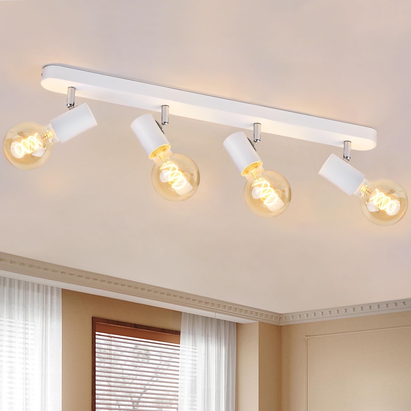 KYOTECH Lámpara de Techo con 4 Focos Blanco, Plafón LED Techo E27 Ajustables y Giratorios, Retro Aplique Pared Bombilla E27 para Interiores Dormitorio Sala Cocina Corredor, Max. 60W, Sin Bombilla