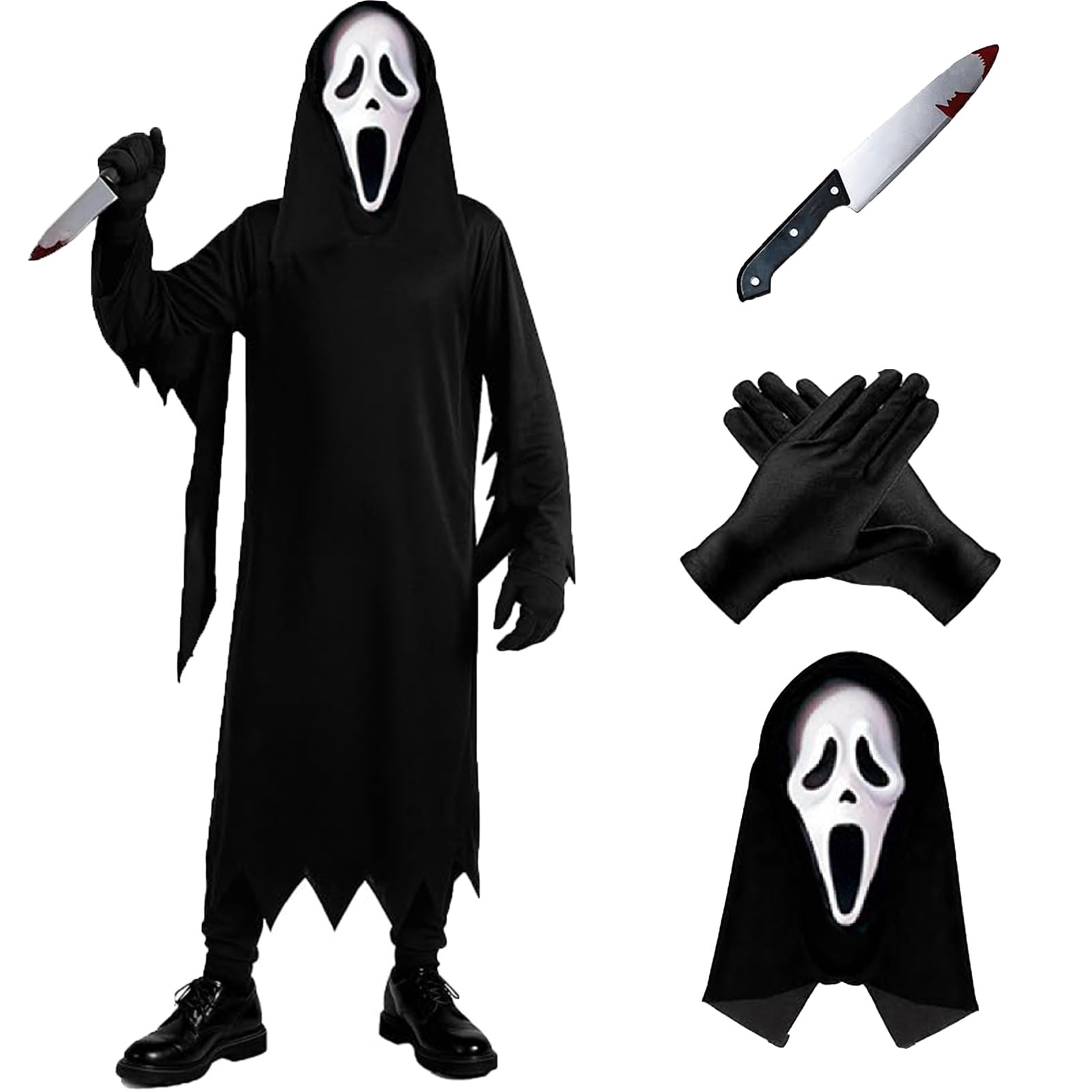 Gedital Ghost Face Costume Set for Kids, Scary Halloween Outfit Props，L