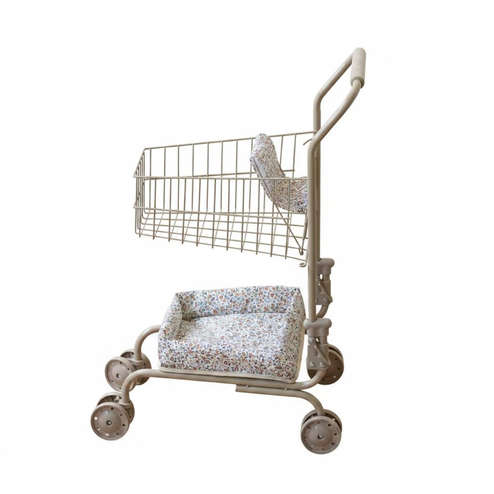 Kinder Einkaufswagen Spielzeug Einkaufswagen Trolley Rollwagen mit Metallrohrrahmen Drahtkorb Unterer Stoffablage Faltbarer Griff für Rollenspiel, Einkaufswagen Mit Blumenmuster, Modell 2025