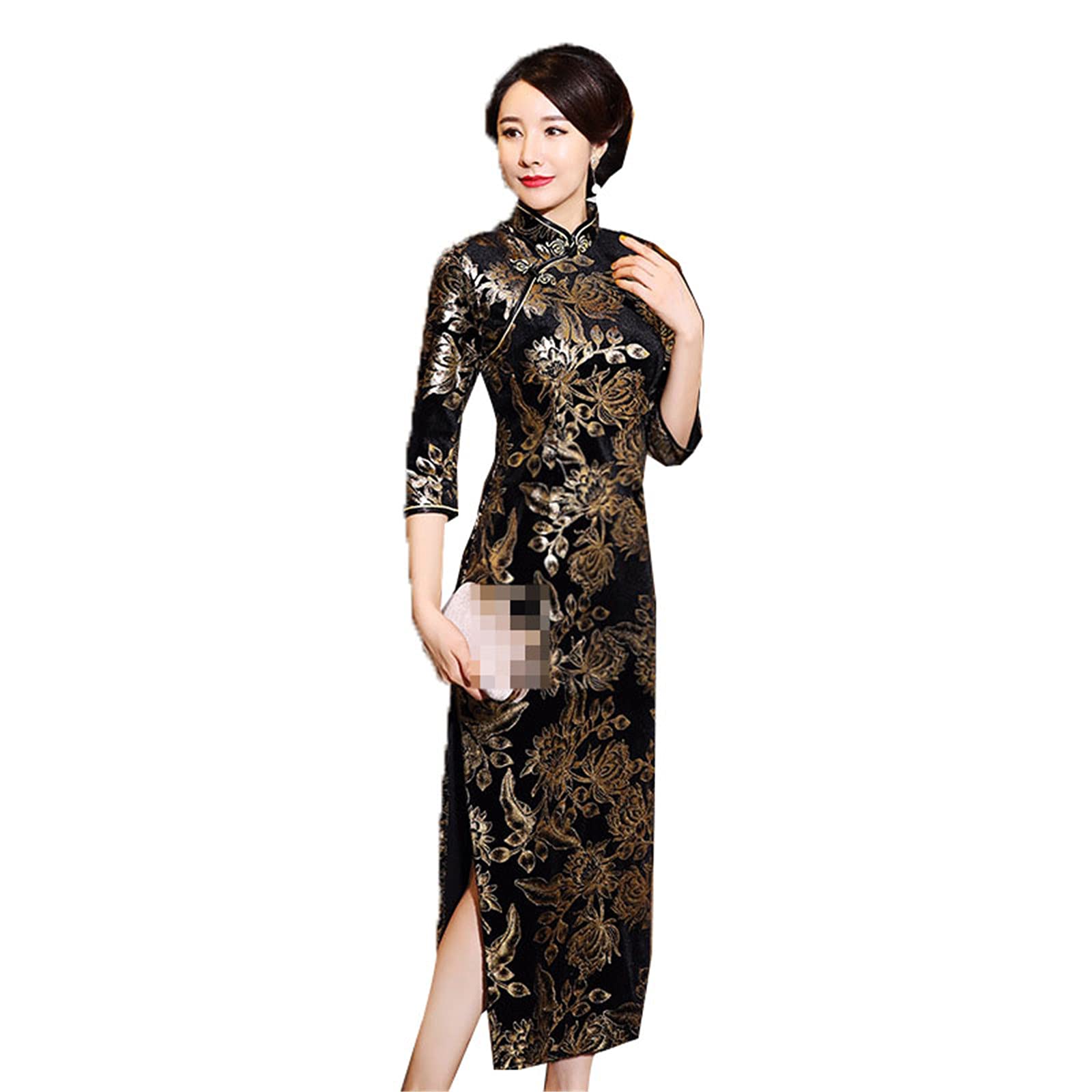 Gold Velour Print Wedding Cheongsam Long Chinese Dress Oriental Style Robe Orientale Velvet Qipao