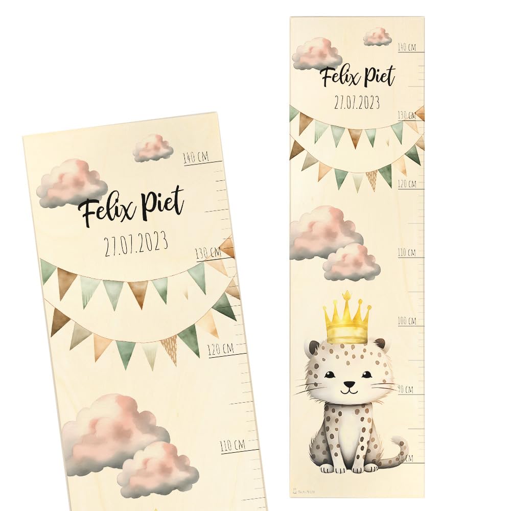 Geschenkfreude Messlatte Kinder personalisert 80-140cm - mit Leopard als Dekoration fürs Kinderzimmer - personalisierte Messlatte Kinder Holz - tolles Geschen Geburt