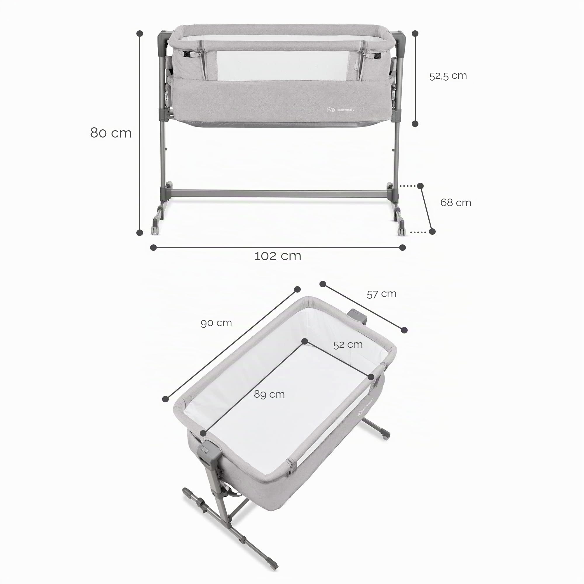 Kinderkraft Culla Da Affiancare Neste Up, Lettino Co-Sleeping, Regolabile, Facile Da Montare, Accessori, Grigio, ‎84.5 x 69 x 98 cm, 9.9 Kg