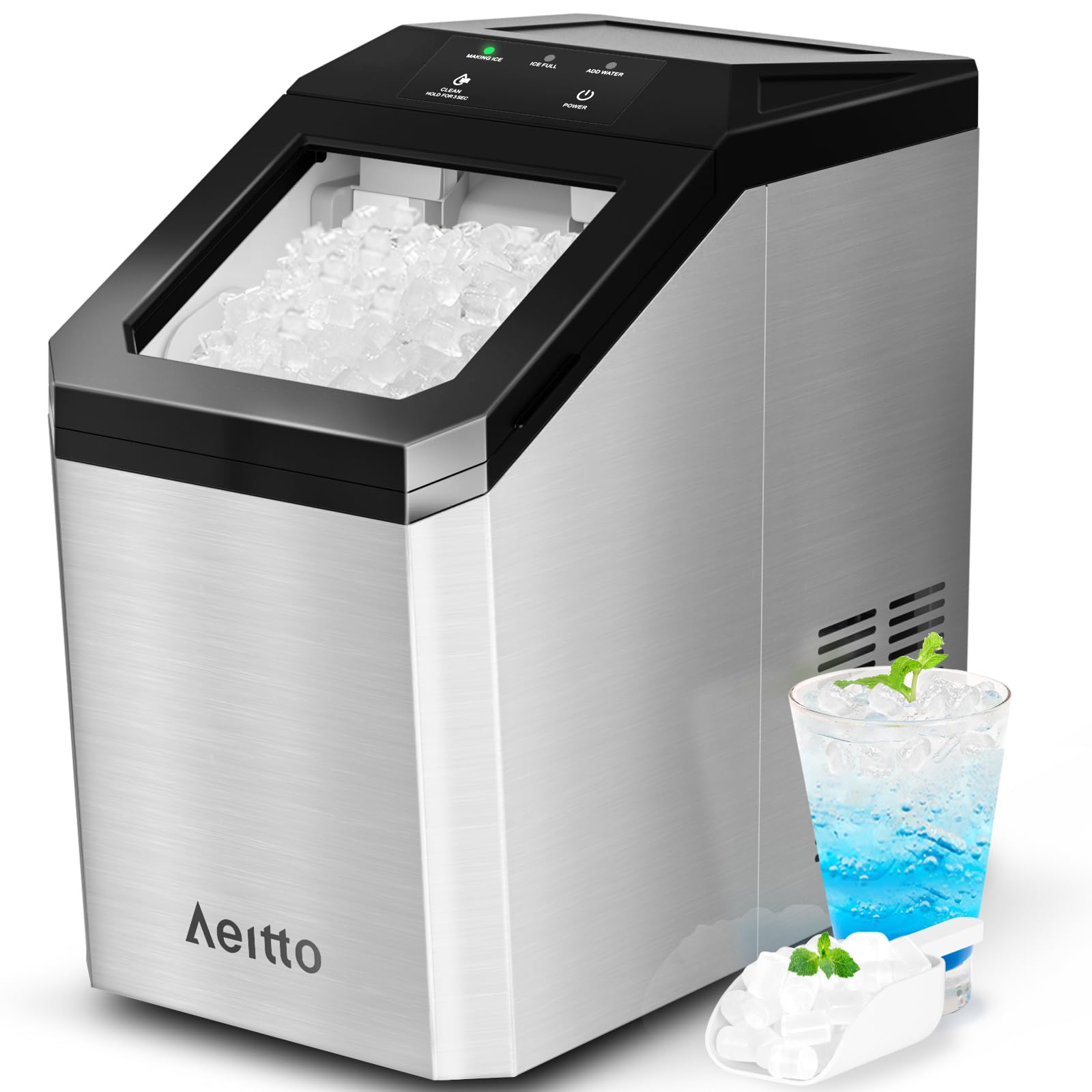 Photo 1 of ***UPDATED 5/31*** Aeitto Nugget Ice Maker Countertop, 55lbs/24H Ice Machine with 3.6L Water Tank&3.2Lbs Ice Basket, Self-Cleaning Pebble Ice Maker with Stainless Steel Housing for Home Office and Party, Silver