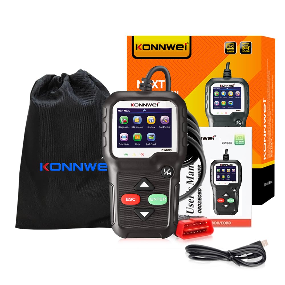 KONNWEI KW680 Diagnosis OBD2, Diagnostico Coche Multimarca apoya español,Lector de Códigos de Error, Diagnóstico Completo del Motor, Compatible con BMW/Peugeot/VW y Todos los Vehículos OBDII