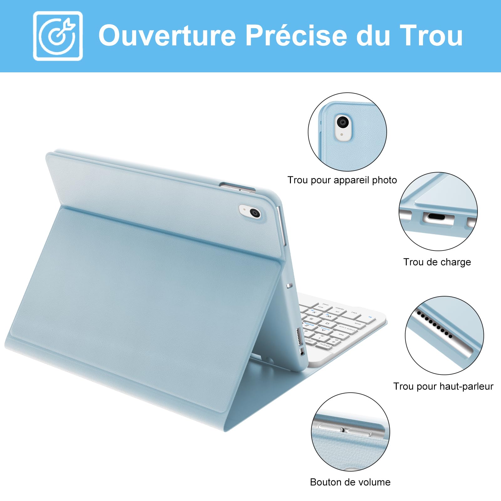 Coque Clavier pour iPad 9e/8e/7e Génération 10.2 Pouces, AZERTY Français Housse Clavier Bluetooth Détachable avec Porte Crayon pour iPad 2021/2020/2019 10.2"/Air 3 2019/iPad Pro 10.5 2017, Bleu Ciel