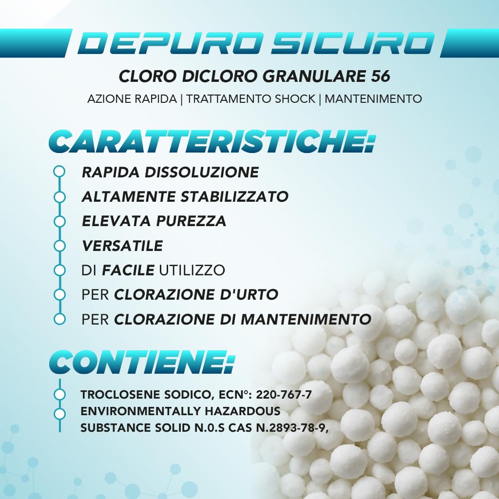 Depuro Sicuro Kg 10 Cloro Dicloro Granulare al 56 % Alta solubilità, stabile, Trattamenti clorazione D'Urto Shock e Mantenimento