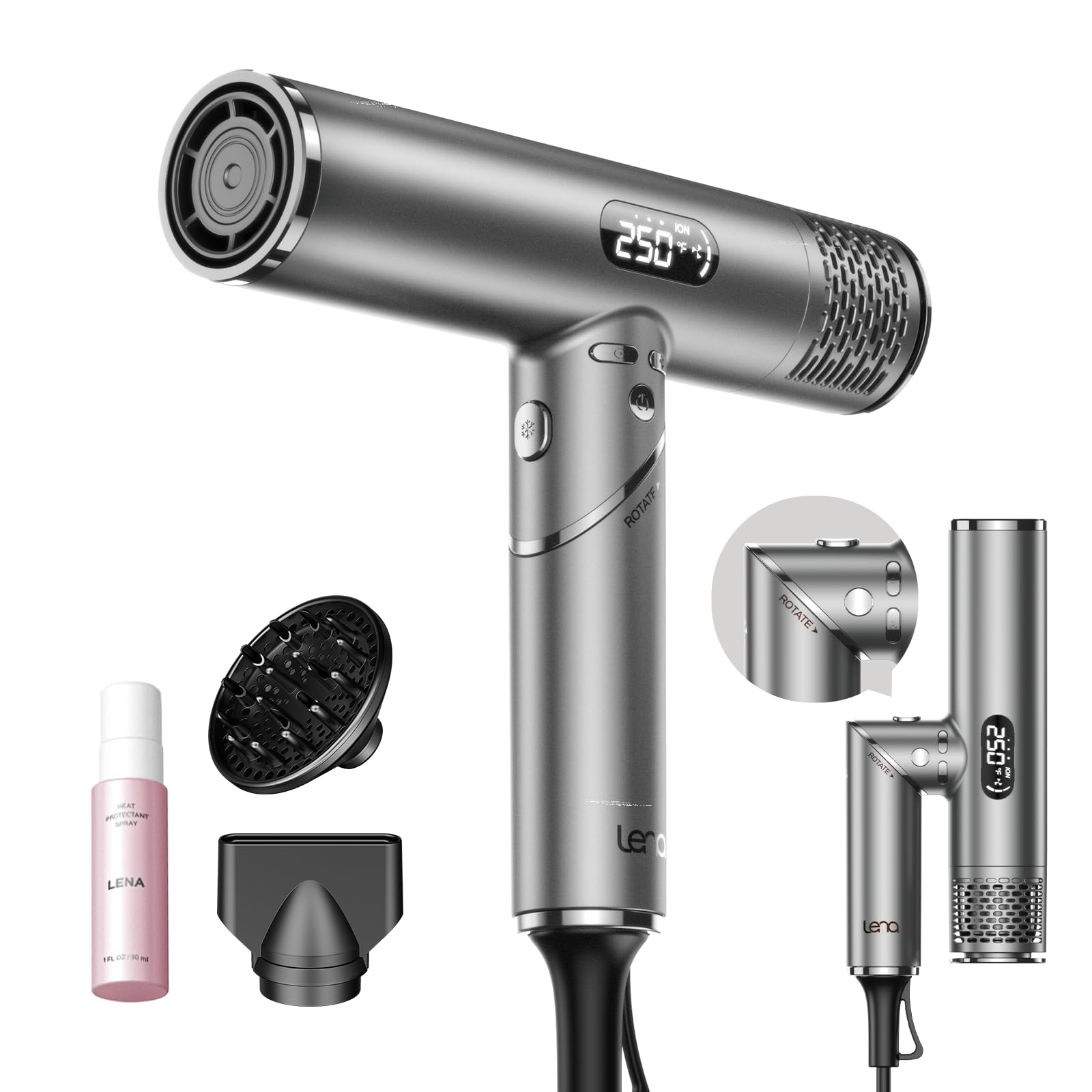 Foldable hair Dryer with Diffuser - 1600W Professional High Speed Blow Dryer with Comb,100,000RPM Fast Dry,salon-quality results,4 Temps & 3 Speeds,Low Noise, Portable for Home & Travel & Gym