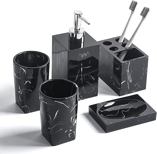 Juego de accesorios de encimera de baño de 5 piezas, dispensador para jabón líquido o loción, jabonera, soporte para cepillo de dientes y 2 vasos,