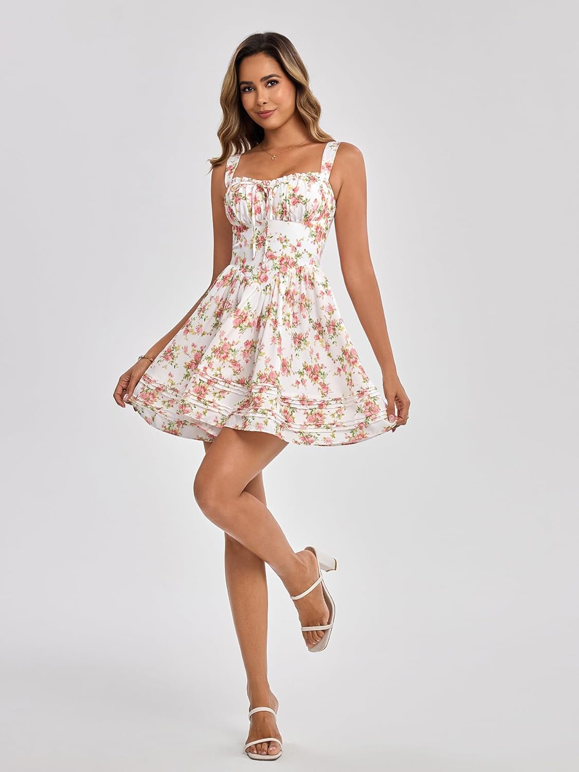 HTZMO Women Summer Casual Square Neck Mini Sundress Corset A Line Flowy Swing Cute Graduation Party Short Dress - Image 6