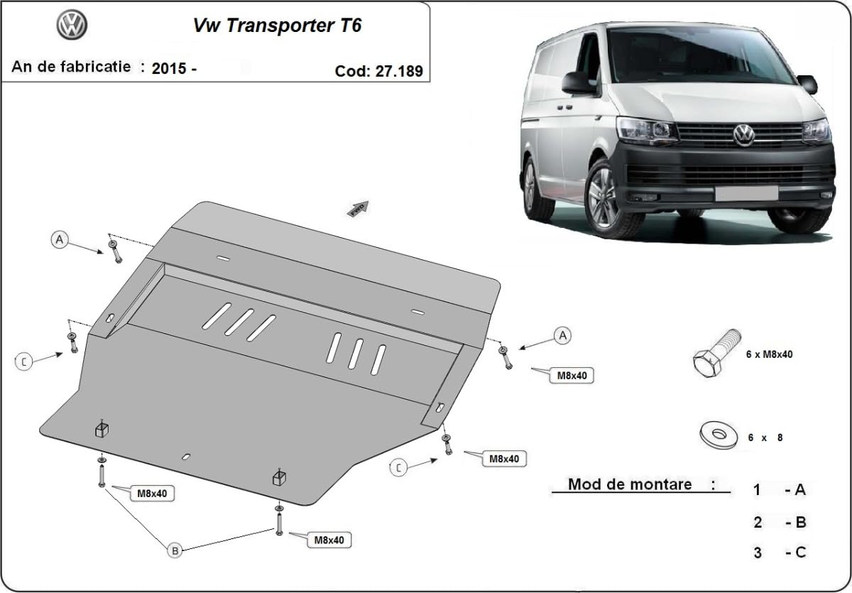 Protezione motore in acciaio compatibile con Volkswagen Transporter T6 T6.1 - (2015-2024)