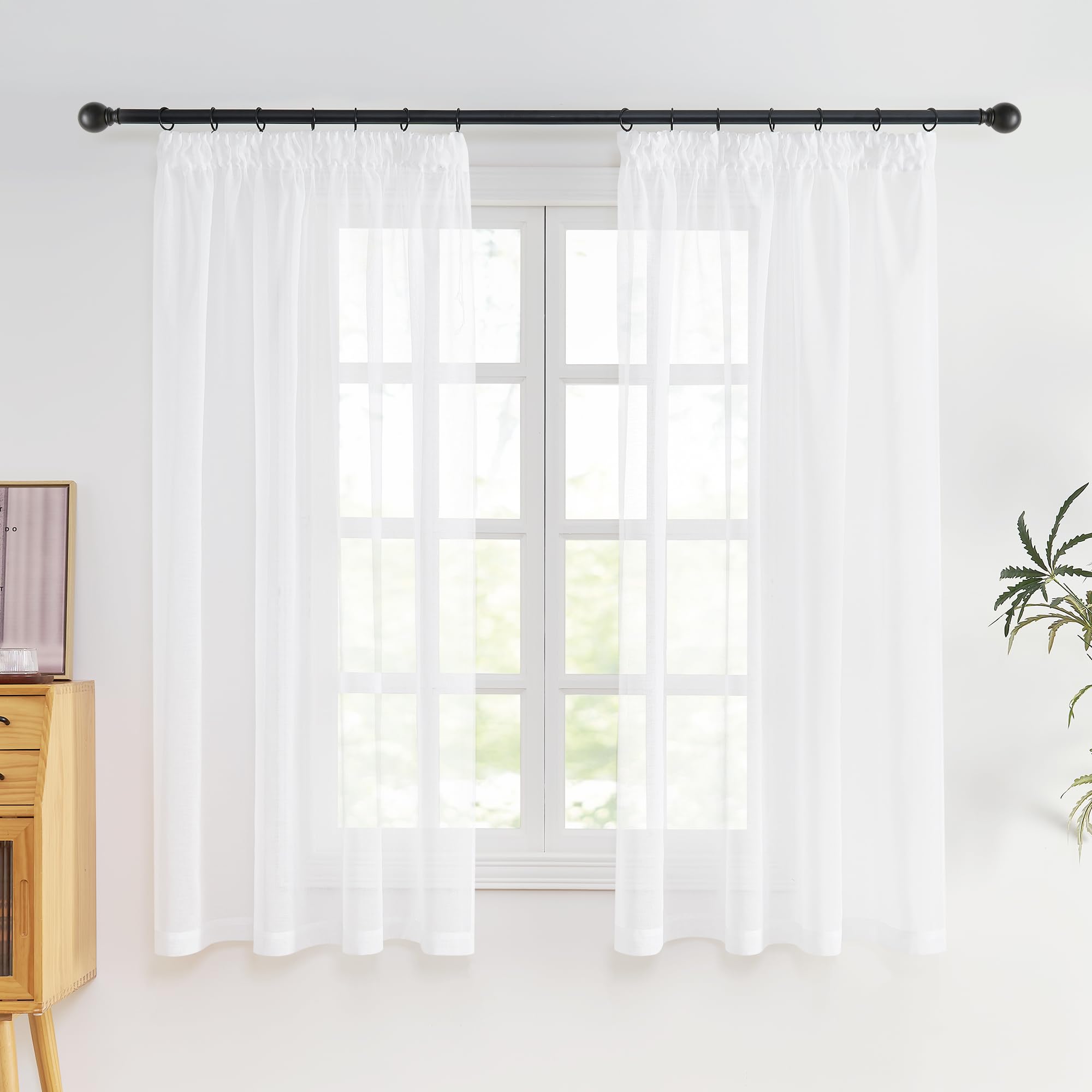 NICETOWN Curtains with Ruffle Tape, Short Curtain, White, Transparent, Set of 2, H 145 x W 140 cm, Voile Curtain for Small Windows, Transparent Curtains, White Sheer Curtains, Kitchen Curtains