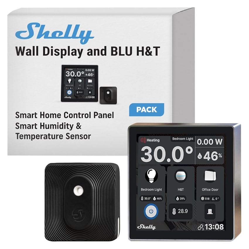 Shelly Wall Display Nero + Blu H&T Nero, Pannello di Controllo Wi-Fi Smart Home, Termostato, Relè 5A Integrato, Conduttore Neutro Richiesto, Dati Ambientali, Domotica, Alexa e Google Home