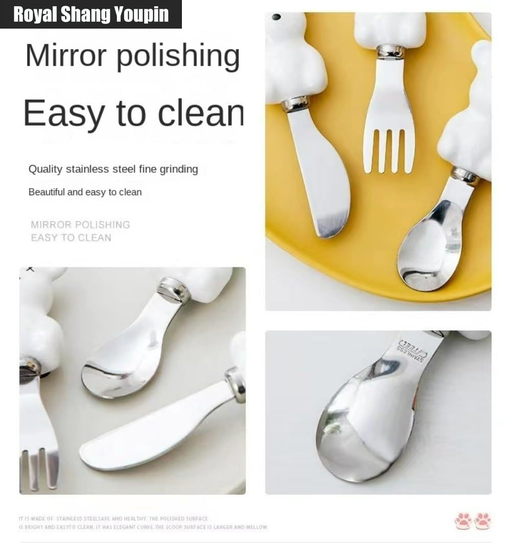 6 PZ Mini 13,5 Cm/5,3 Pollici Simpatico Orsetto Manico in Ceramica Cucina Posate in Acciaio Inossidabile Stoviglie Posate Coltelli Forchette Cucchiai Set Per 2 Persone (Bianco+Nero)