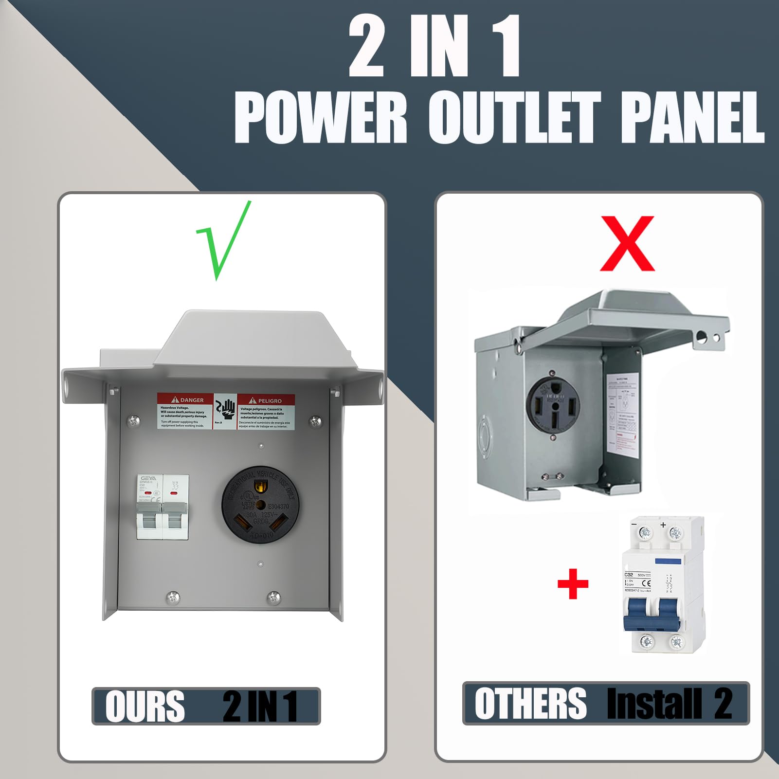 Panel de toma de corriente eléctrica temporal, resistente a la intemperie, caja de receptáculo de RV con interruptor de 30 amperios, panel exterior para caravana, coche, generador de viaje
