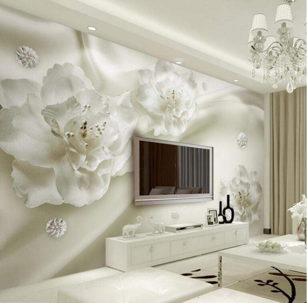 Papier peint relaxant pour salon grande fleur blanche perle effet 3d