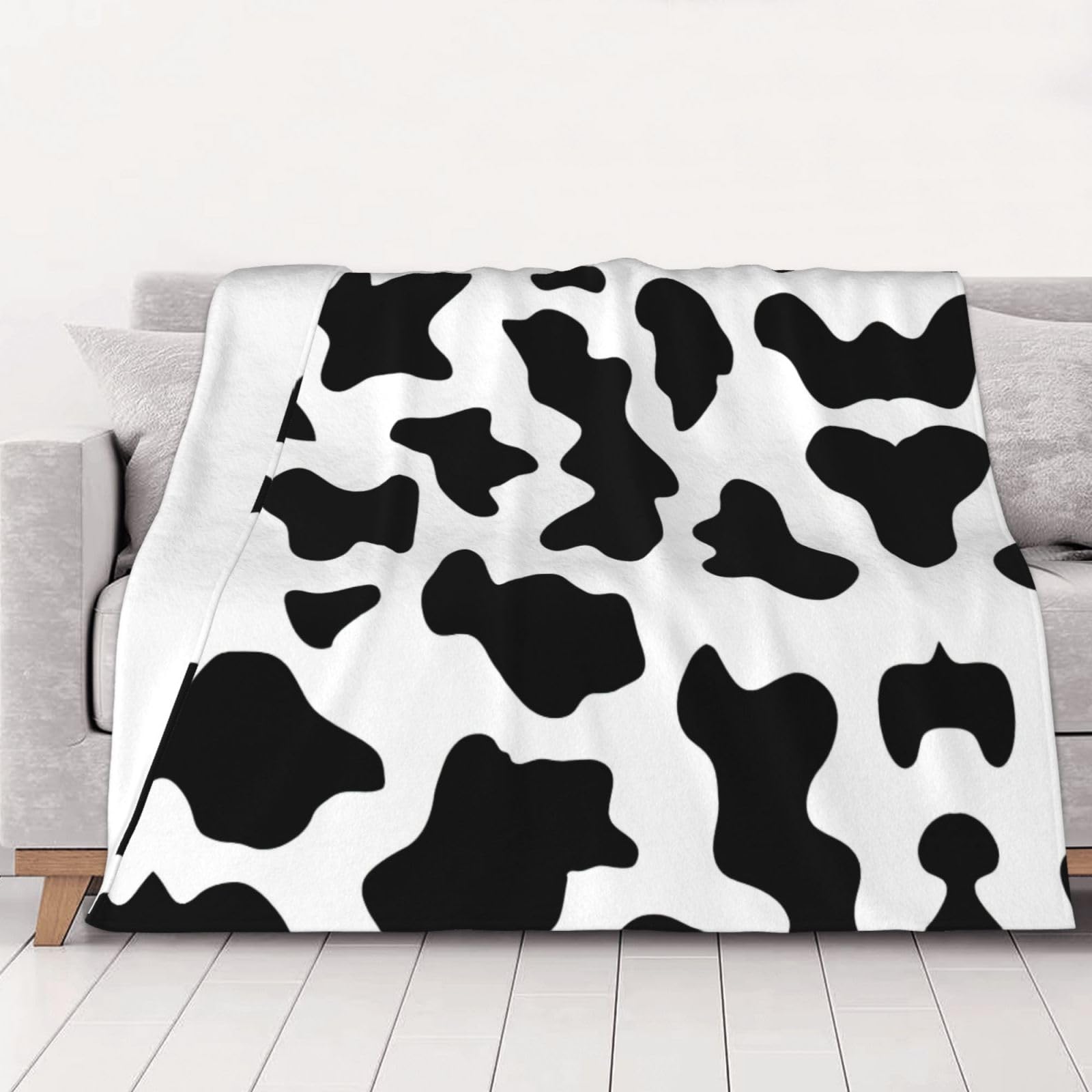 Couverture imprimé vache noire et blanche 152x203 cm lavable pour lit et canapé
