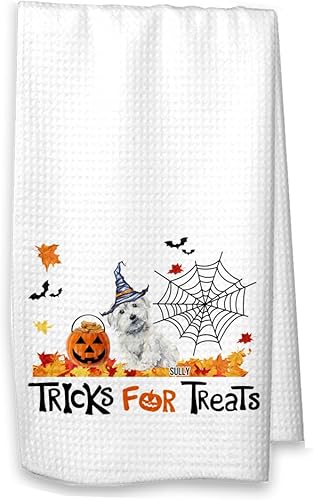 Studio 9Thirty3 Tricks for Treats Maltese Halloween Kitchen Waffle Towel Maltese Fall Decor (White Towel, Maltese with Name)