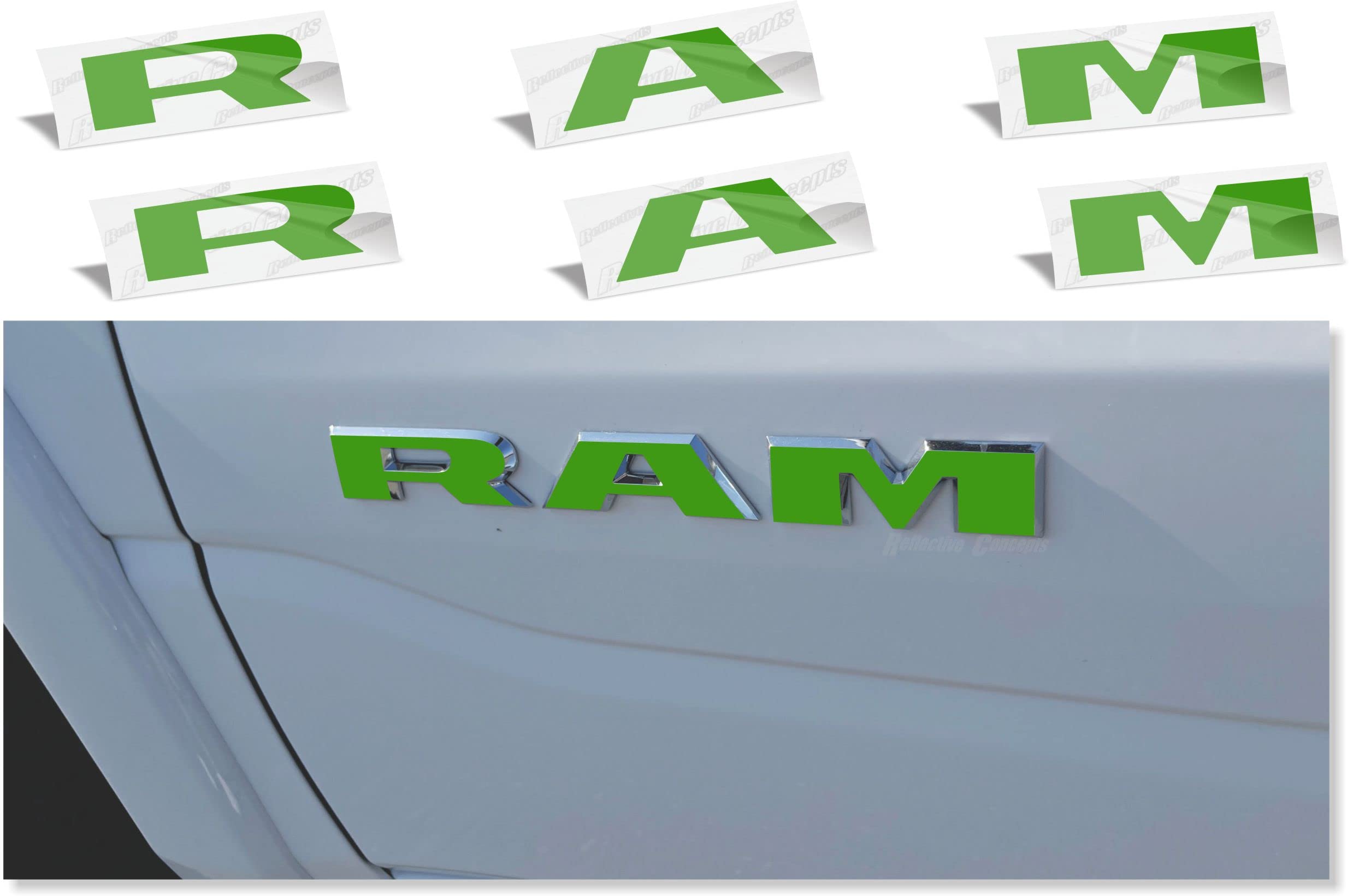 Reflective Concepts 2019-2025 RAM Door Emblem Overlay Decal Stickers - (Color: Lime Green)