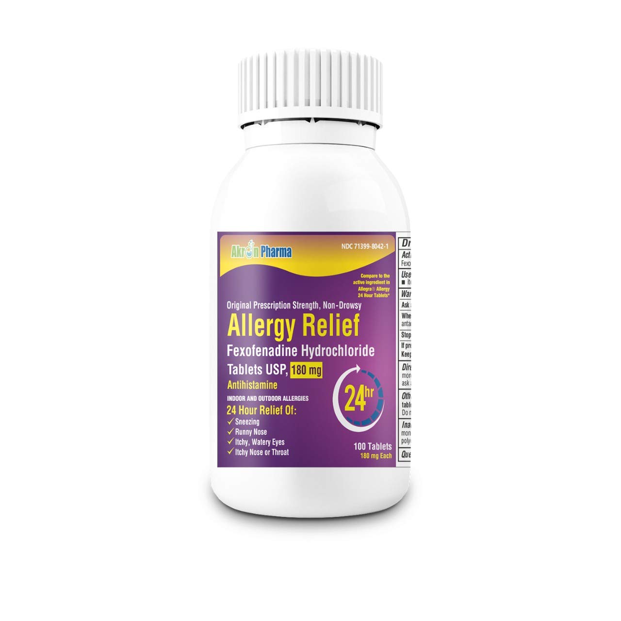 Akron Fexofenadine Hydrochloride Tablets, 180 mg, Antihistamine for Allergy Relief, Non-Drowsy, 100 Count