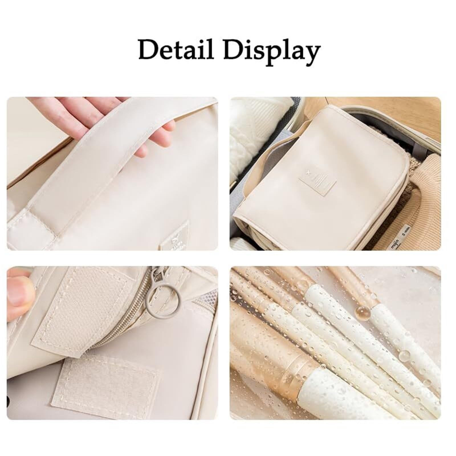 Neceser Maquillaje Bolsa de Aseo con Gancho for Colgar, Resistente al Agua, Organizador de Viaje for artículos de tocador de tamaño Completo. Viaje(Beige)