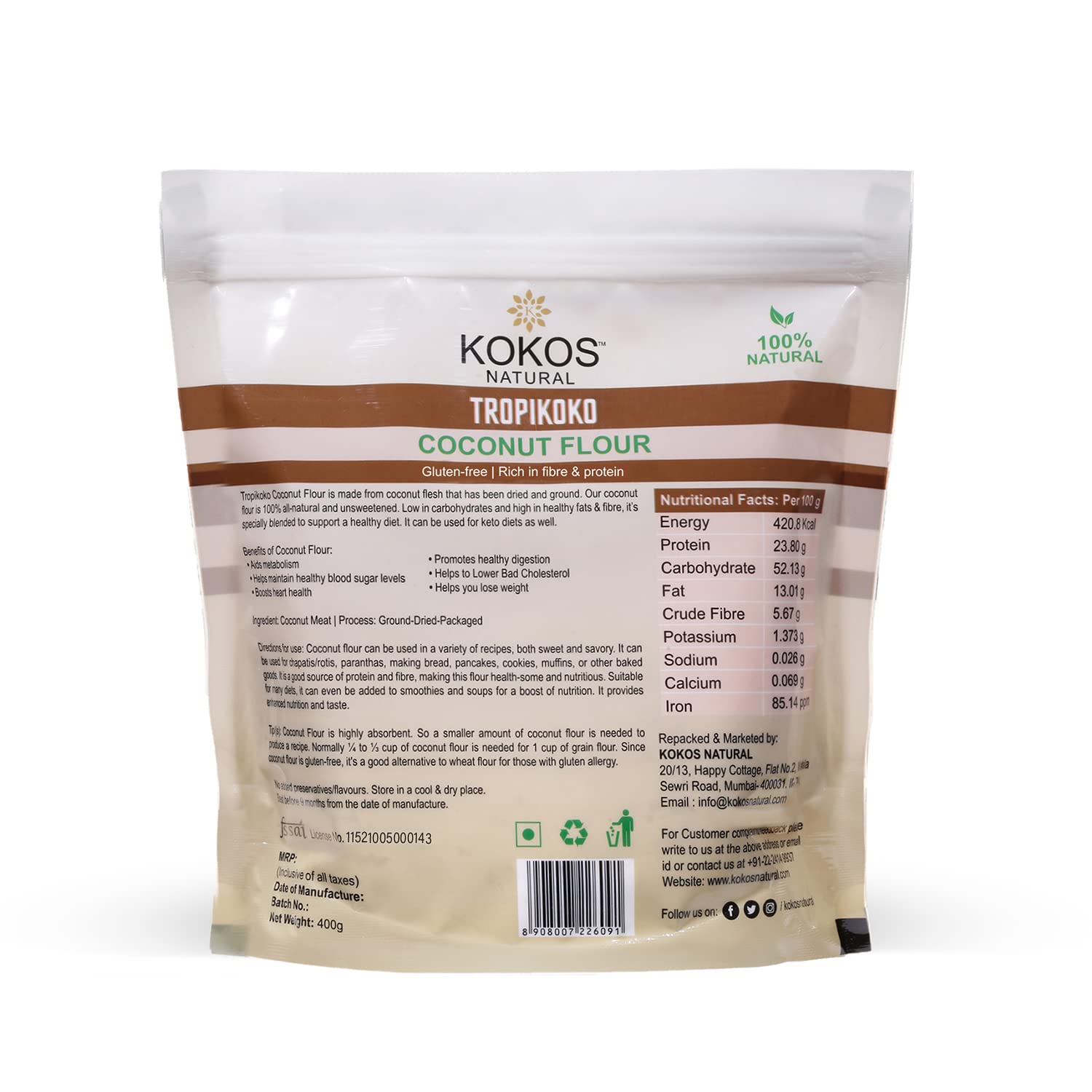 Kokos Natural Coconut Flour 400 Gm - Gluten-Free, High in Fiber & Protein, Ideal for Keto Diets, Supports Heart Health, Weight Loss & Digestion - Image 3 thumbnail