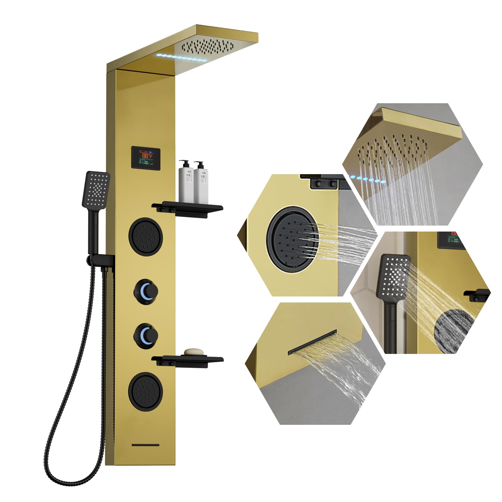 Homevacious 4 in 1 Shower Panel Tower System with Shelf LED Rain Shower Head and Adjustable Massage Body Jets 3 Functions Handheld Head and Tub Spout Stainless Steel Bathroom Fixtures Polished Gold