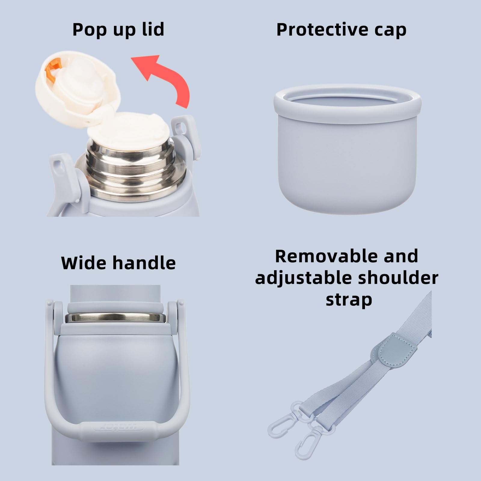 BJPKPK Botella de agua térmica aislada al vacío con asa y tapa, botellas de agua de acero inoxidable de 40 onzas para bebidas frías y calientes, neblina azul