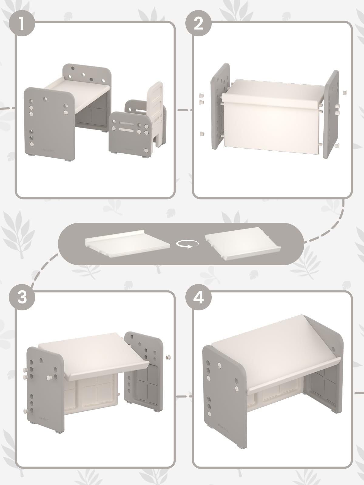Tavolo per Bambini con Sedia, Set Tavolo e Sedia per Bambini Regolabile in Altezza, Scrivania Trasformabile, Multifunzione per Leggere, Scrivere, Disegnare e Mangiare, Grigio