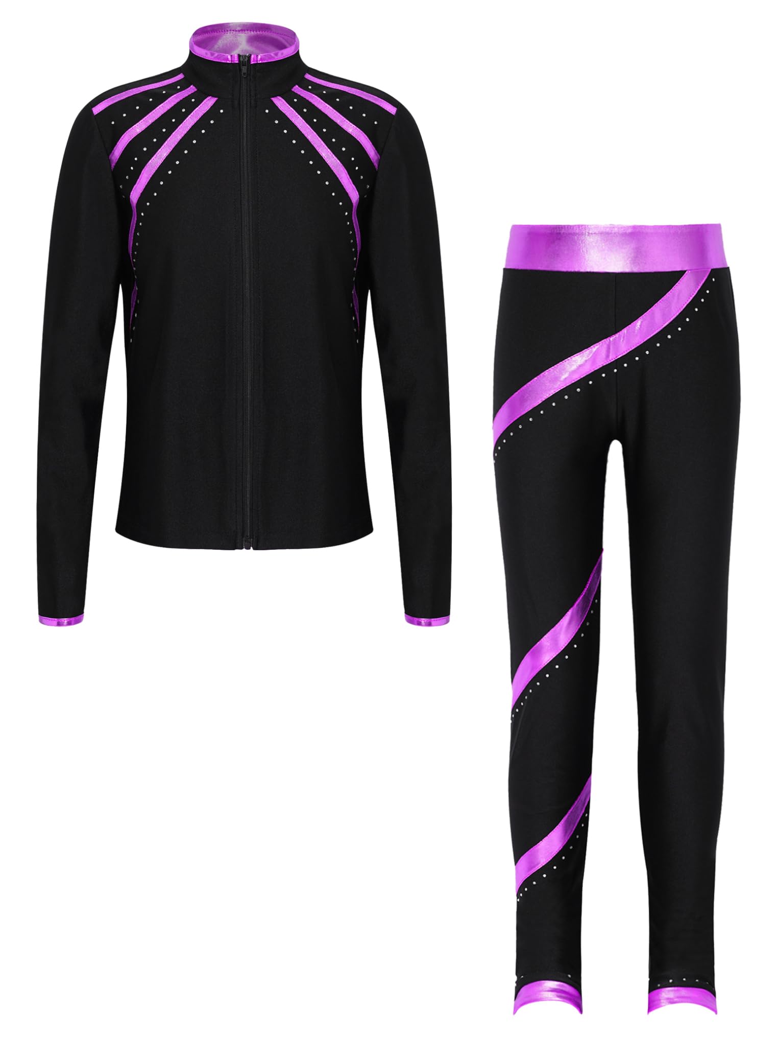 Tuta da Pattinaggio su Ghiaccio Bambina Paillettes Giacca Sportiva a Maniche Lunghe con Cerniera Giacca in Softshell Pantaloni da Allenamento Collant Skating
