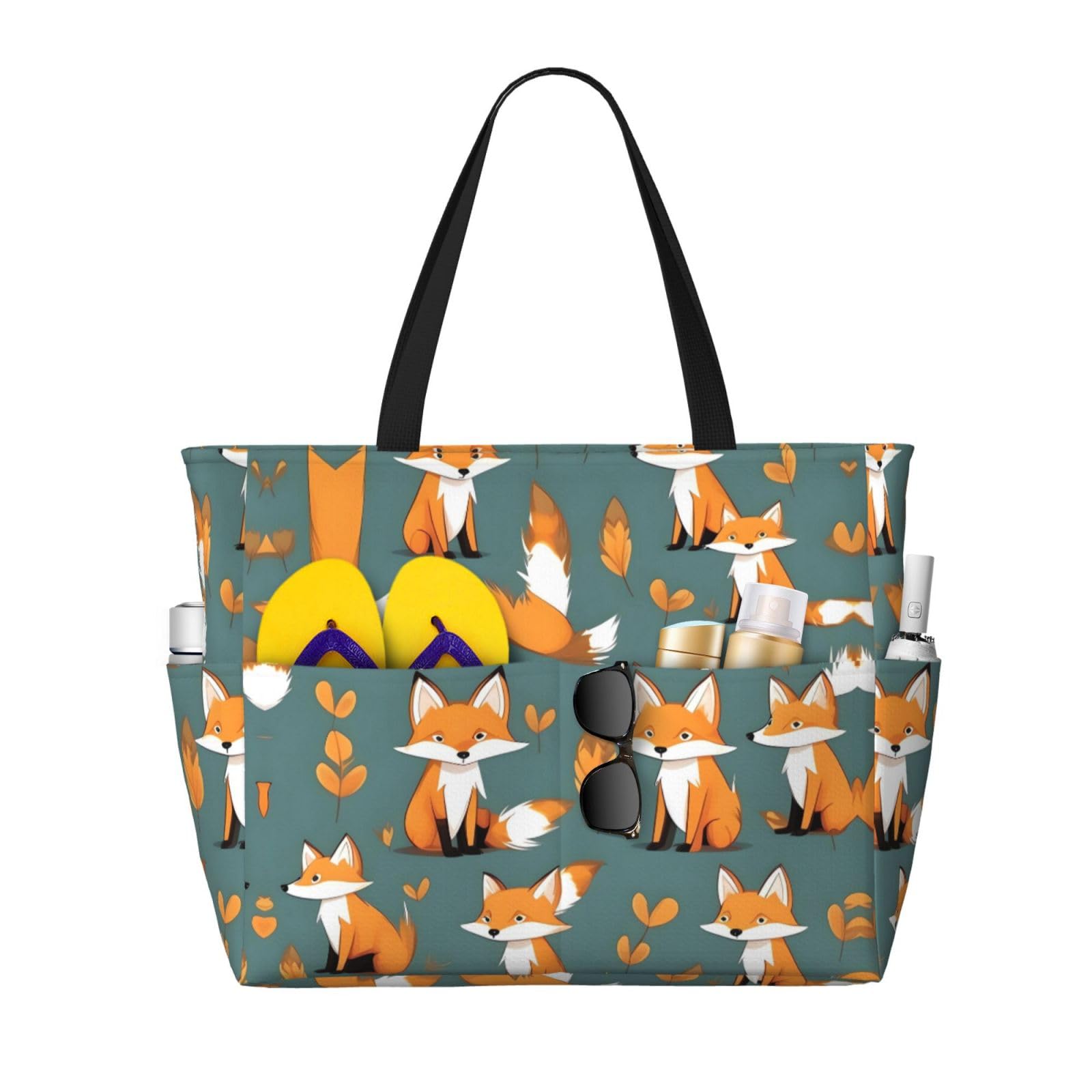 ZZYYDS Multi-pocket large capacityYellow fox printed beach travel bag can be carried by hand or on the shoulder