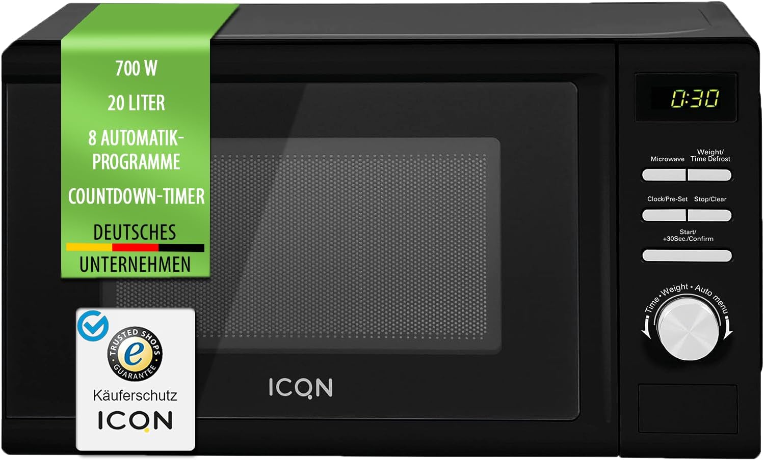 ICQN Microonde, forno a microonde, 20 l, 700 W, 5 livelli di potenza, 8 programmi automatici, peso e scongelamento programmato, sicurezza bambini, piatto girevole in vetro (25,5 cm), nero : Amazon.it: Casa e cucina