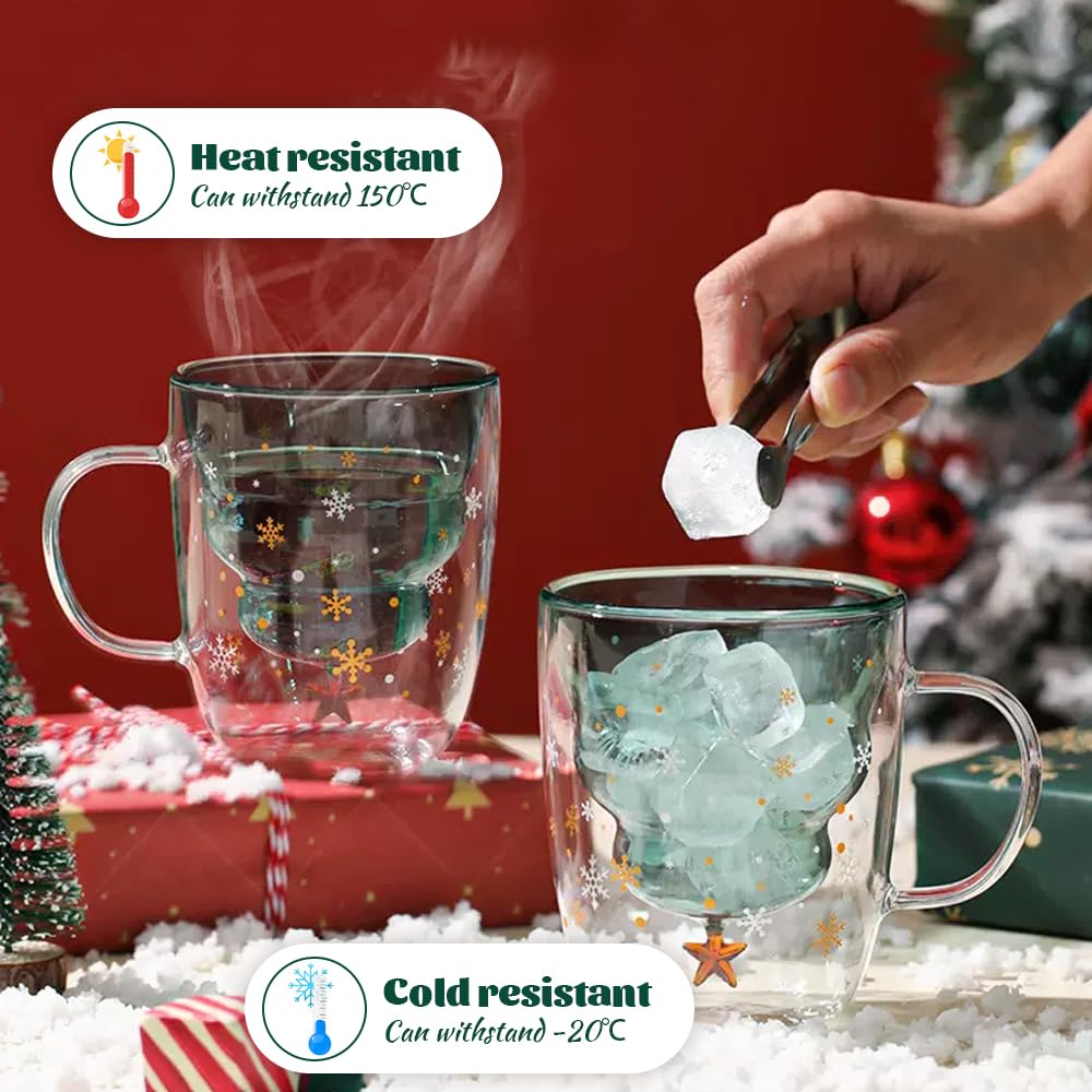 ADERTOS Tazza Natalizia a Doppio Strato Mug Natalizie a Vetro da 300ml Tazze Caffe Natalizie Tazze da Latte Natalizie con Coperchio a Fiocco Nevee e Cucchiaio Tazza da Tè a Forma di albero di Natale