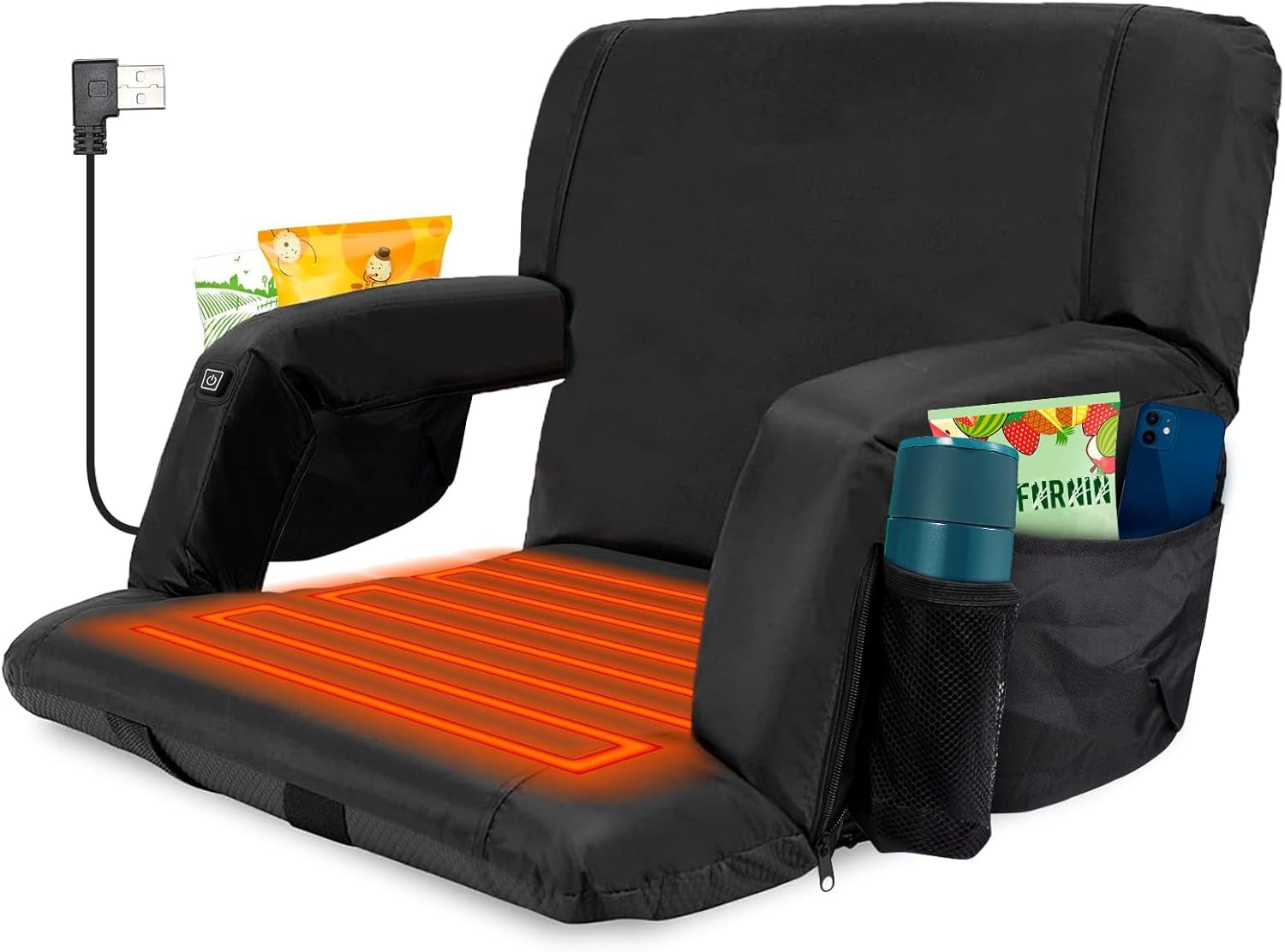 Deoxys Foldable Heated Stadium Seats for Bleachers, 6 Reclinng Positions Backrest, Armrests Adjustable – 3 Level Heating Portable Stadium Seating Heated Camping Chairs-image-17