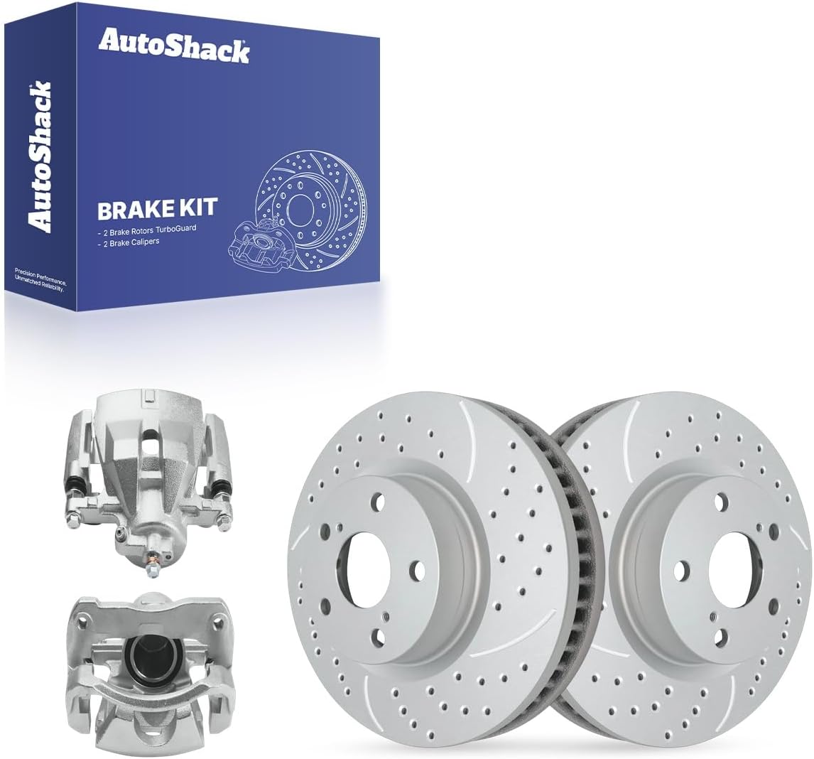 AutoShack Front Brake Rotors & Calipers for Toyota & Lexus, Camry 2007-2017 ES350 2007-2012, 2016-2018, FWD L4 2.4L 2.5L V6 3.5L - E-Coated Drilled & Slotted - ShadowGuard - 11.65" (296 mm), 5-Lug