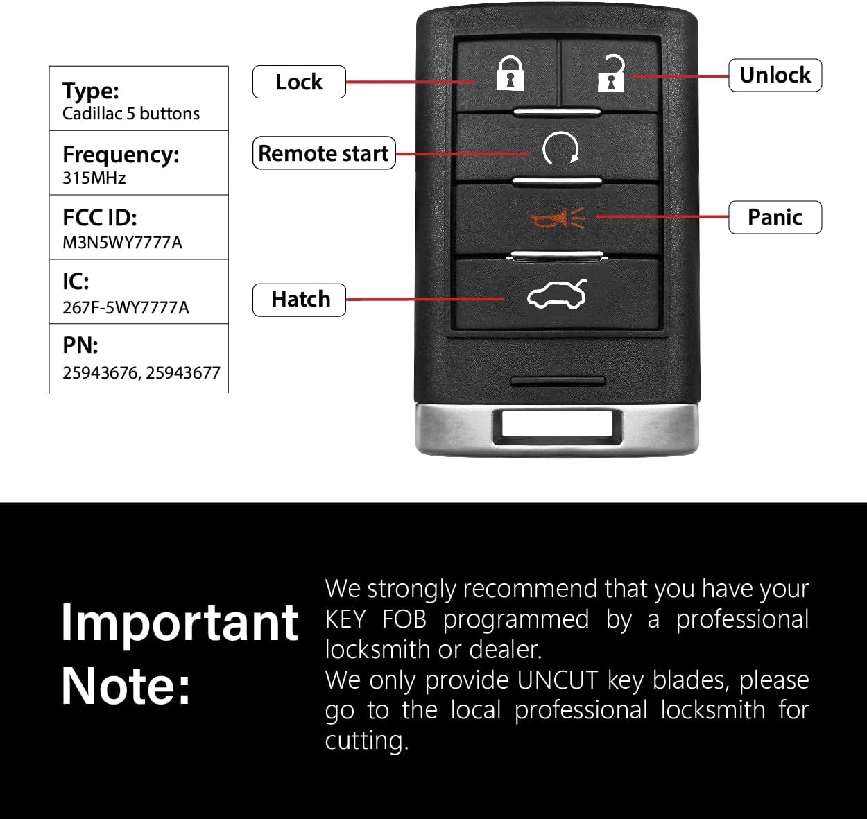 Car Key Fob Remote Keyless Entry Control M3N5WY7777A 315MHz 5 Button Replacement for 2008-2015 Cadillac STS CTS - 2 Pack
