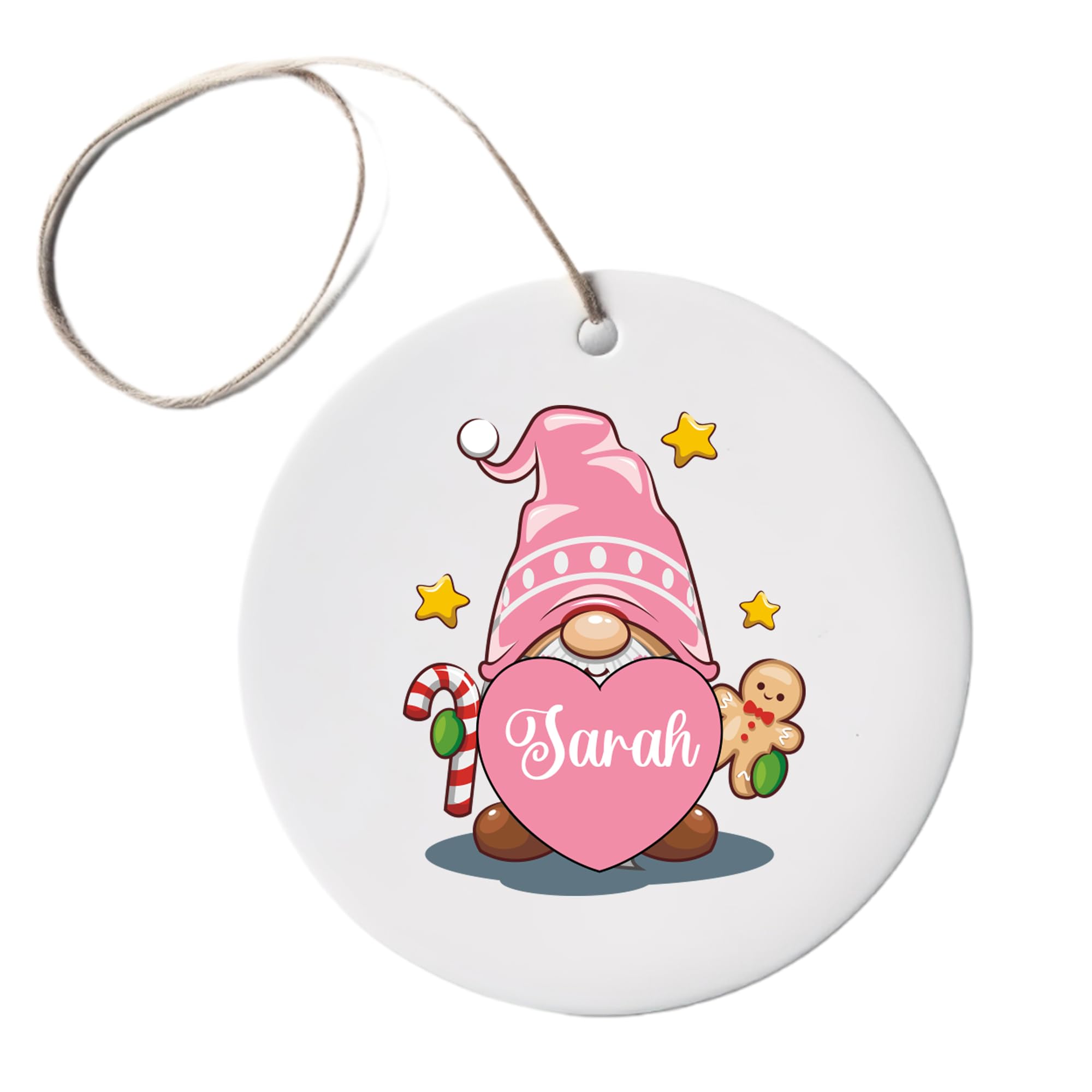 Personalised Christmas Ornament | 7.3cm x 7.3cm Circle Ceramic Gloss White Finish Xmas Ornament | Design Printed on Both Sides | Personalised with any Name (Pink Gonk Ornament)