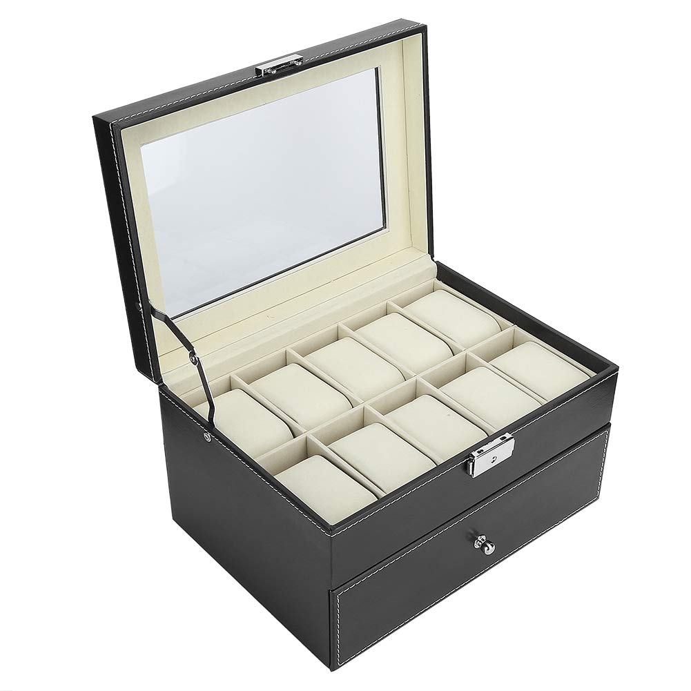 Naroote Double Layer Watch Box Case with 10 Grids for Watches and Glasses,