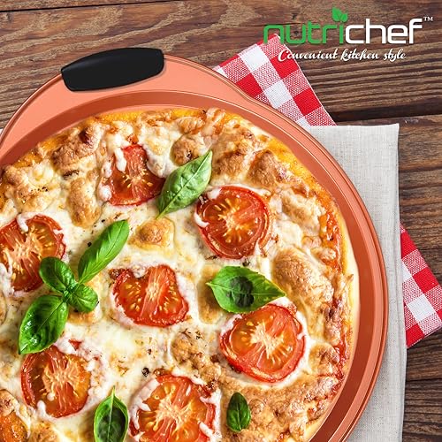 Nutrichef Non-Stick Pizza Tray for Oven, 33cm Round Carbon Steel Baking Trays with Perforated Holes, Silicone Handles, Dishwasher Safe, Pizza Stone Alternative, Copper - Image 5