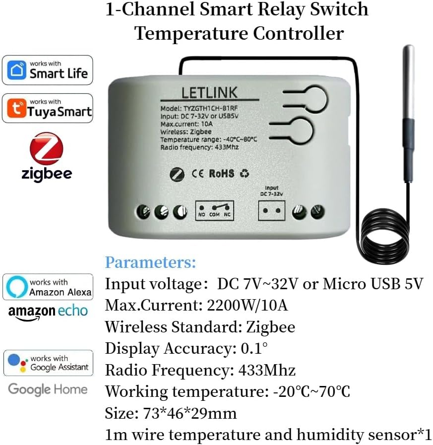 Zigbee Temperature Controller, Wireless Remote Relay Switch with Temperature Controller,DC 7-32V Or Micro-USB 5V Input, Zigbee Extendable Probe Sensor, Smart Life/Tuya App Remote (DC 7-32V)