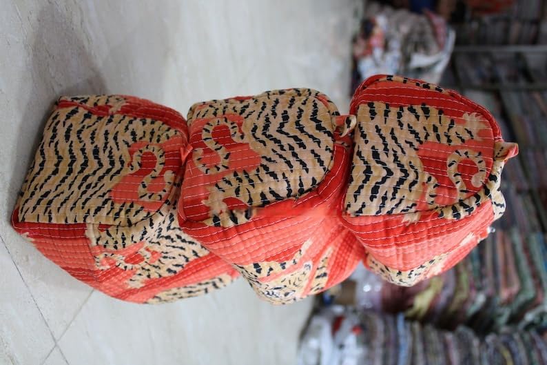 YILLE Set of 3 Pieces Block Printed Travel Organizer Kit Storage Bag for Women Makeup Bag Travel Cosmetic Bag (Orange fat tiger) - Image 6