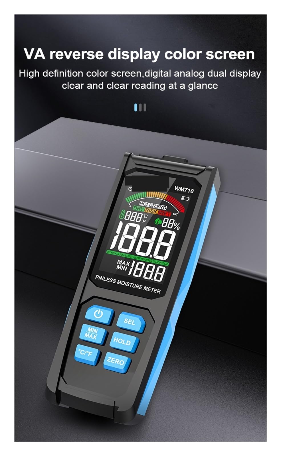 Feuchtigkeitsmesser, Induktives Holzfeuchtigkeitsmessgerät, Zerstörungsfreies Hygrometer, Analoge Doppelanzeige, Umgebungsfeuchtigkeit, Holzfeuchtigkeitsdetektor