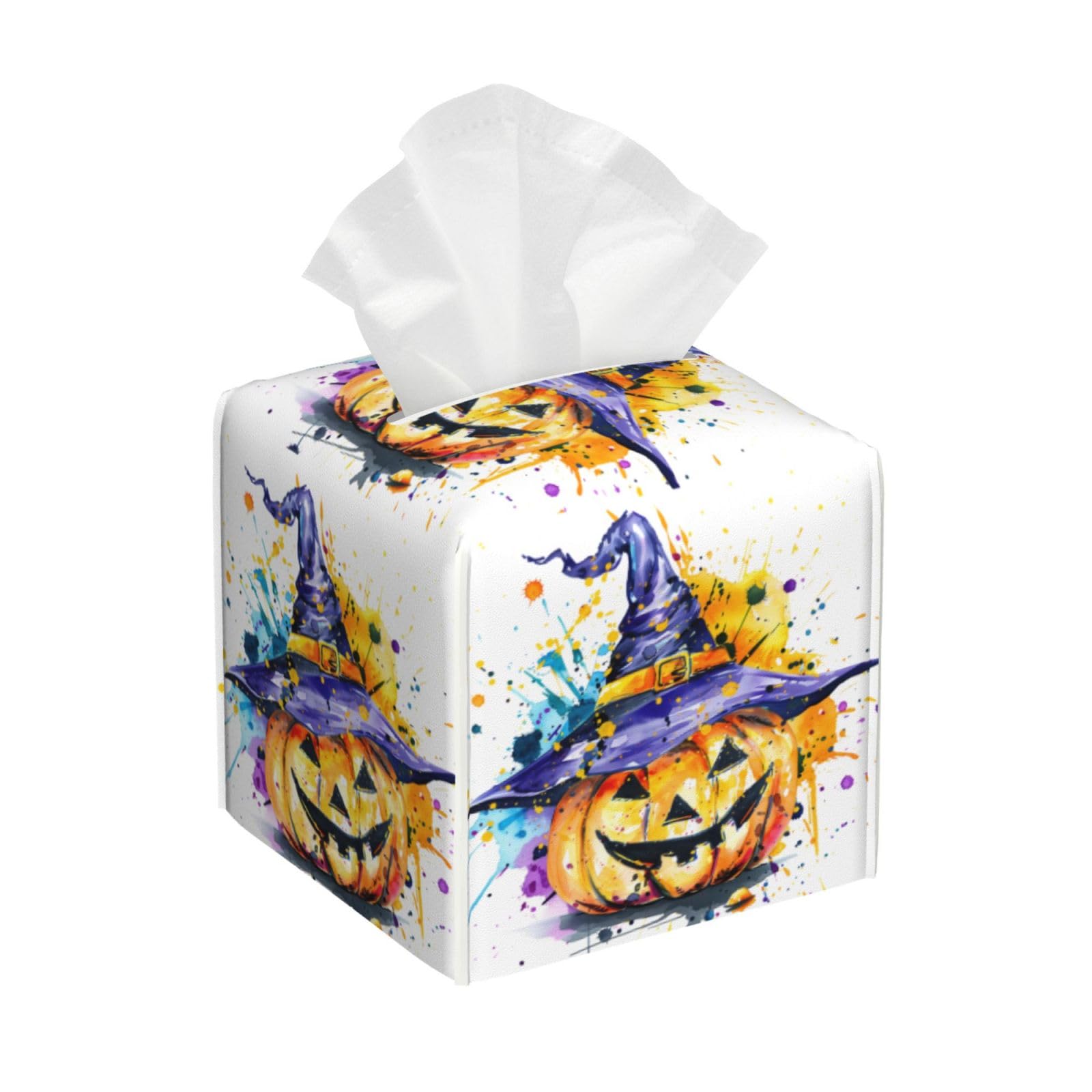Square Tissue Box Cover, Leather Tissue Cube Box Holder, Halloween Pumpkins Magic Hat Ghost Facial Paper Case for Tabletop, Bathroom, Car, Office 5.2"x5.2"x5.2"in