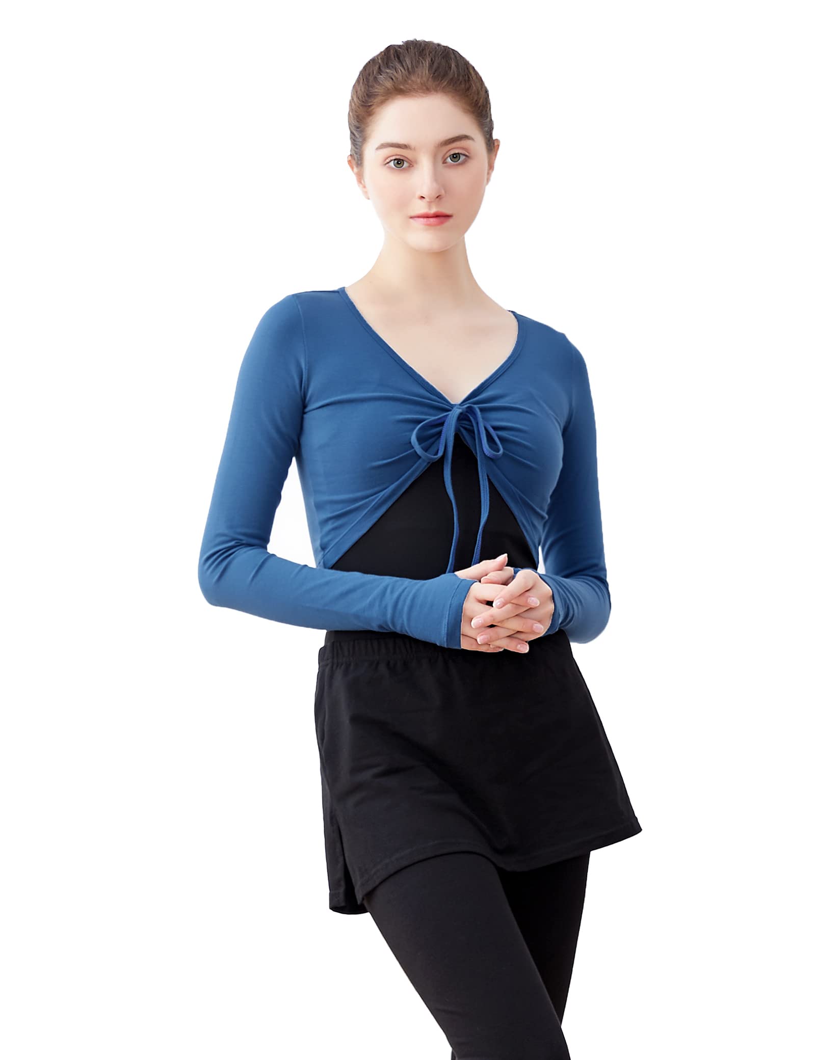 Daydance Cotton Long Sleeve Ballet Sweaters for Women, Large Crop Dance Wrap Tops for Warm up Blue