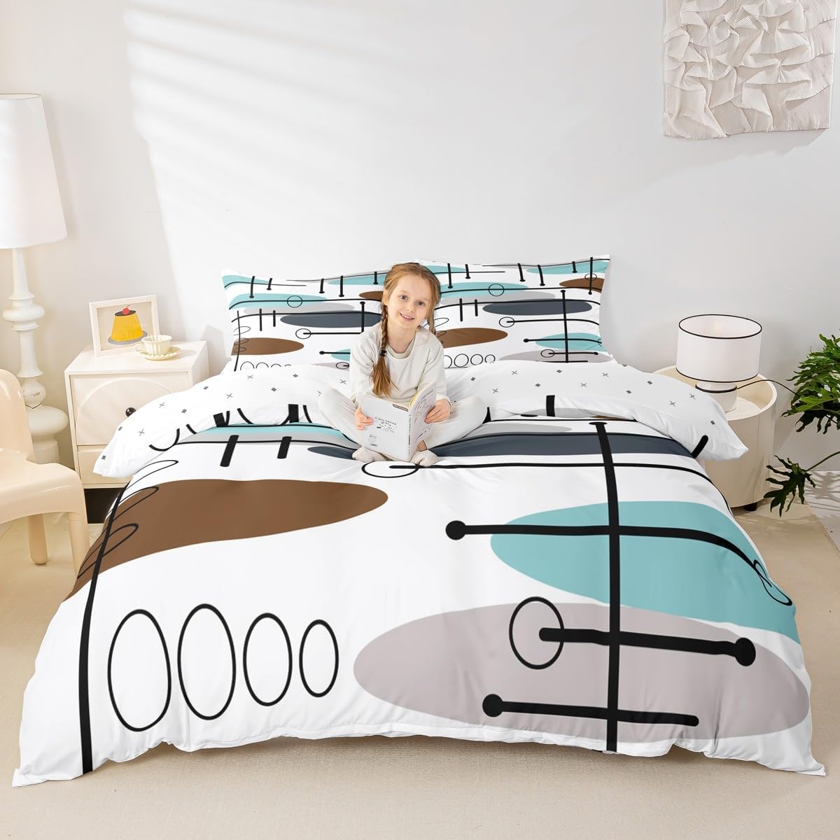 Erosebridal Mid Century Duvet Cover King Modern Minimalist Bedding Set, Hippie Old Fashion Comforter Cover Abstract Artwork Bed Set, Aesthetic Lines Circles Bedding Teal White Grey (Zipper Closure)