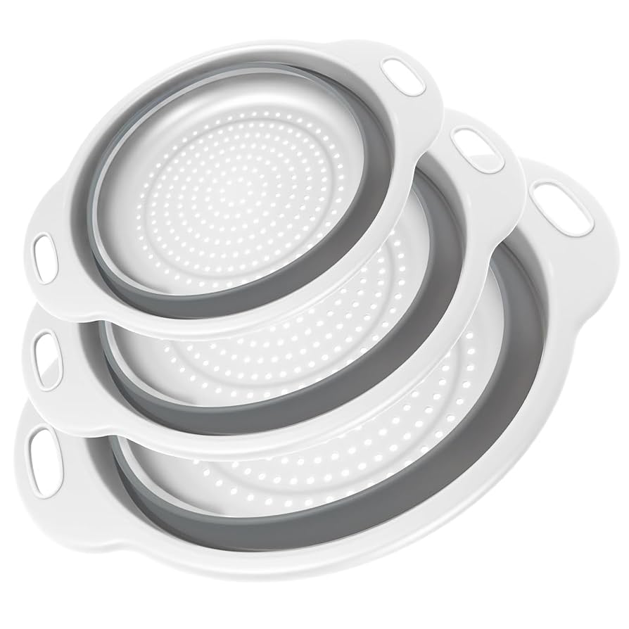 Collapsible Colander 3-Pack Set Space-Saving Foldable Kitchen Strainer with Non-Slip Base Durable Thickened PP+TPE Collapsible Strainers for Pasta, Vegetables, Fruits (Gray-White)