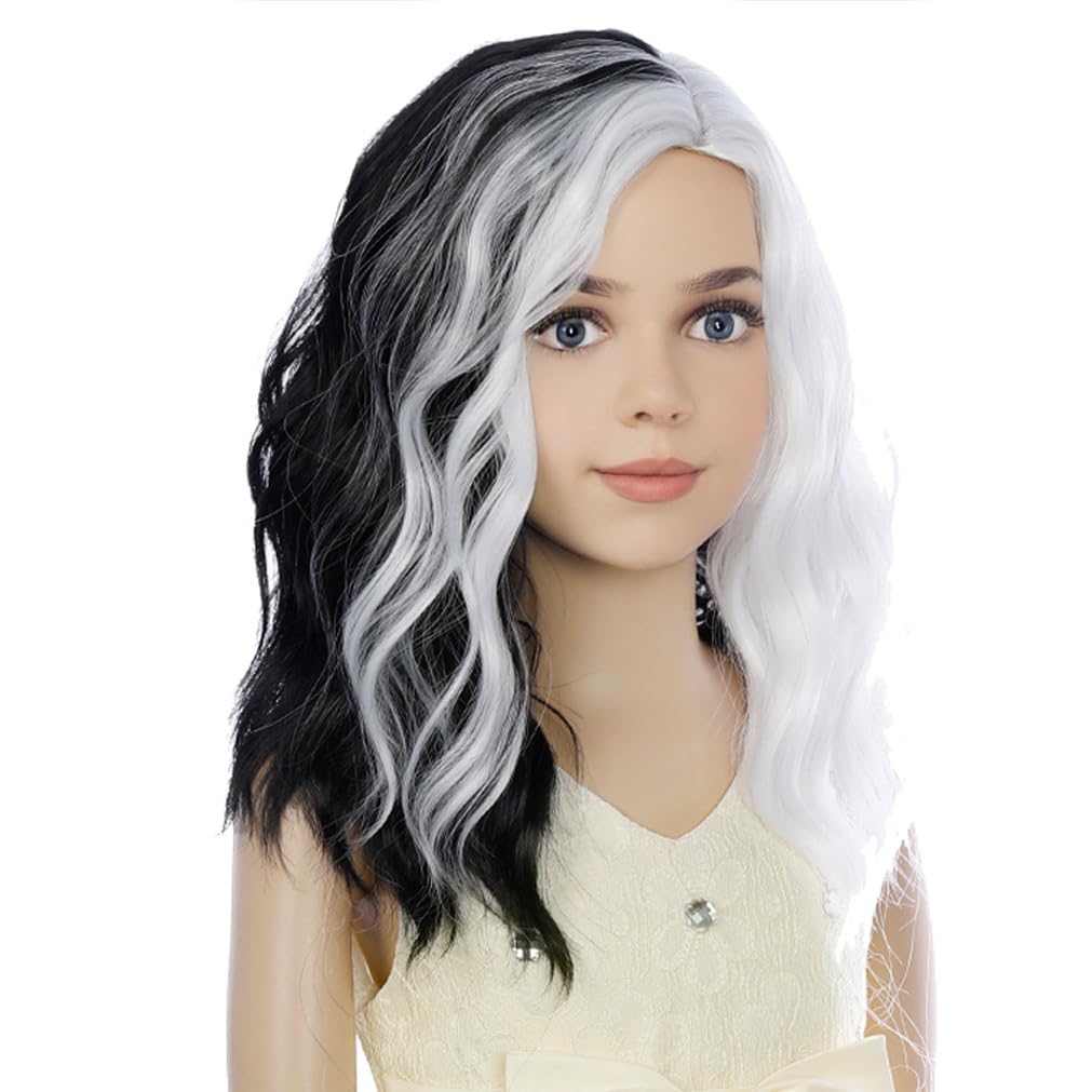 Kids Black White Wig Shoulder Length Wig Black and White Wig Girls Black White Wig Synthetic Hair Cosplay Costume Two Tone Wig (Black and White)