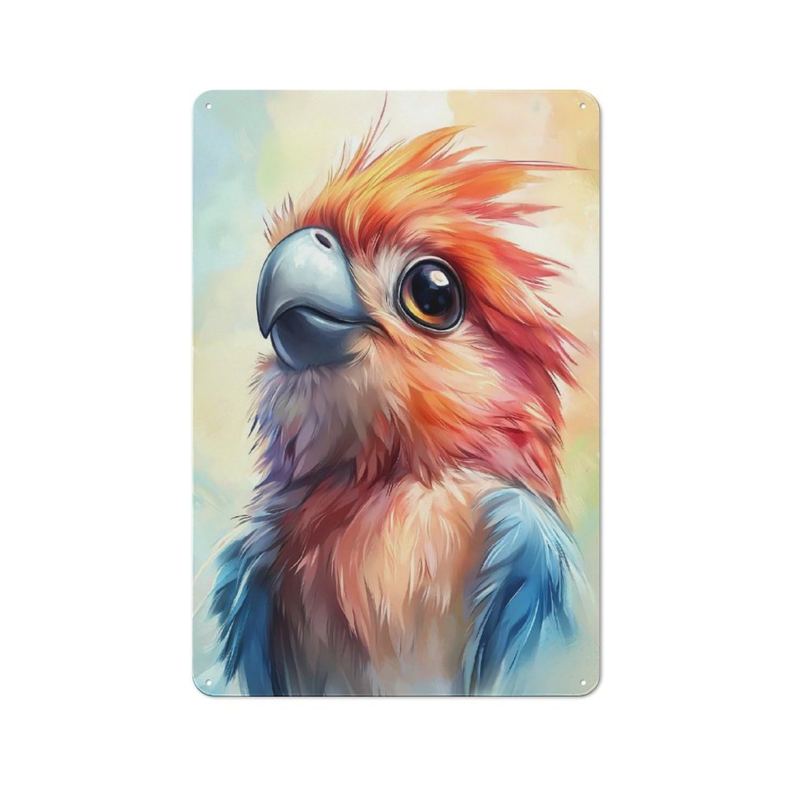 Urban Decorative Metal Plaque 30x20cm Featuring Cute Watercolor Parrot, Loft Wall Plaque for Loft, Studio, Office Or Creative Room